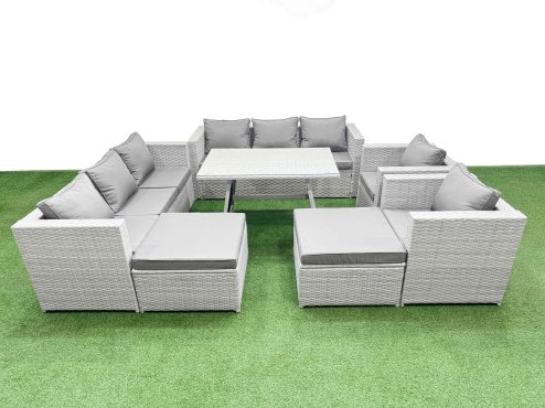 Fimous 10 Seater Garden Furniture Set PE Ratten Garden Sofa Set with Rectangular Dining Table 2 Big Stool Light Grey