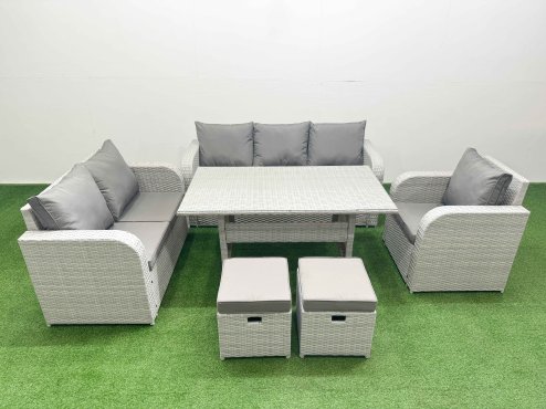 Fimous Patio PE Wicker 8 Seater Outdoor Rattan Furniture Sofa Sets with Rectangular Dining Table Reclining Chair Loveseat Sofa 3 Seater Sofa Stool Light Grey