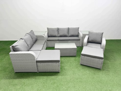 Fimous 9 Seater Poly Rattan Outdoor Garden Furniture Sofa Set Patio 3 Seater Sofa Reclining Chair 3 Seater Sofa 2 Big Footstools 2 Side Table Light Grey Image