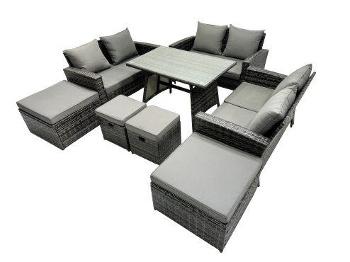 Fimous 10 Seater Wicker PE Rattan Furniture Outdoor Dining Table Double Seat Sofa 4 Stools Set Dark Grey Mixed