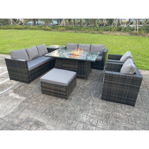 Fimous 9 Seater Outdoor Rattan Garden Furniture Gas Fire Pit Table Sets Gas Heater Lounge Chairs Dark Grey Big Footstool