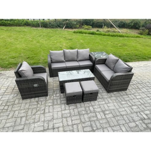 Fimous 8 Seater High Back Rattan Garden Furniture Set with Loveseat Sofa Rectangular Coffee Table Side Table Indoor Outdoor Patio Lounge Sofa Set Dark Grey Mixed