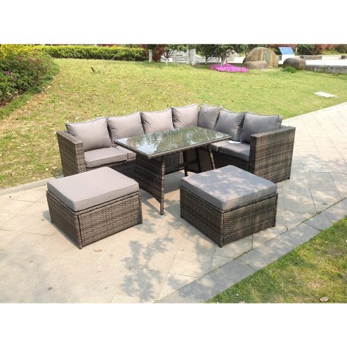 8 Seater Grey Rattan Corner Sofa Set Dining Table 2 Big Footstool Garden Furniture Outdoor With Clear Tempered Glass