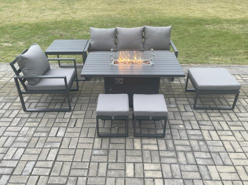 Fimous Aluminium 7 Pieces Garden Furniture Sofa Set with Cushions Gas Fire Pit Dining Table Set with 3 Footstools Side Table Dark Grey