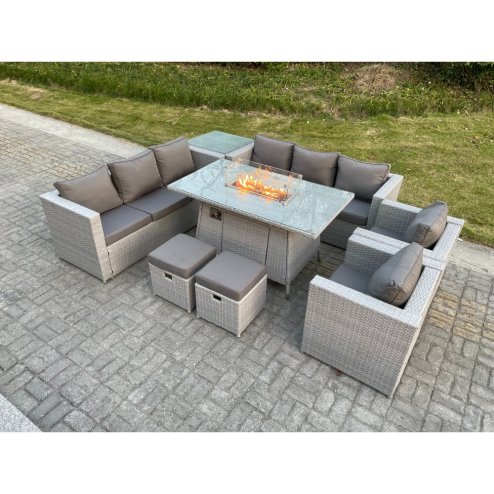 Fimous Light Grey Rattan Fire Pit Garden Furniture Set Gas Heater Burner Lounge Sofa Dining Set Coffee Table Chairs Stool