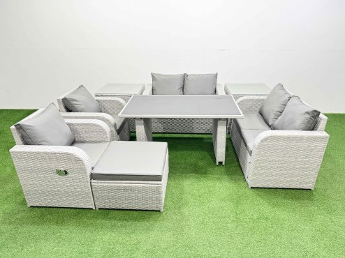 Fimous 8 Pieces Outdoor PE Rattan Sofa Reclining Chair Set Patio Garden Furniture Sets with Cushions 2 Side Tables Big Stool Light Grey