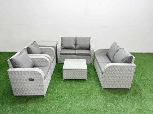 Fimous 6 Seater Outdoor Reclining Chair Love Sofa Set Rattan Garden Furniture Set with Square Coffee Table Side Table Light Grey Image