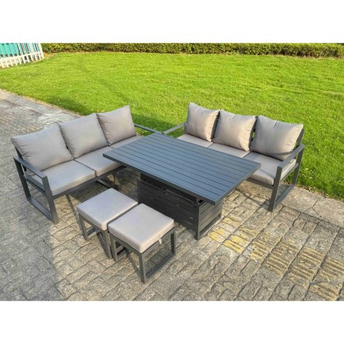 Fimous 6 Pieces Garden Furniture Set Aluminium Adjustable Rising Lifting Dining Table and Sofa Set with 2 Side Tables Big Footstool Dark Grey