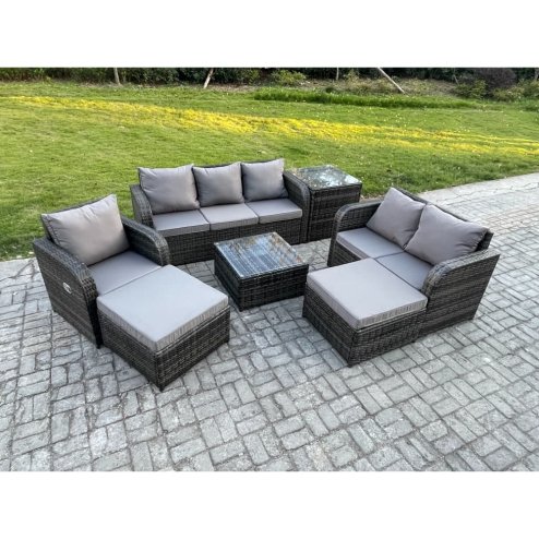 Fimous Indoor Outdoor Rattan Garden Furniture 8 Seater Set Table Sofa Chair Patio Conservatory with Grey Cushions Side Table 2 Big Footstool