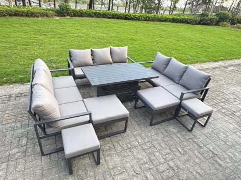 Fimous Aluminum Outdoor Patio Furniture Set Modern Patio Conversation Sets with Adjustable Rising Lifting Dining Table 3 Footstools 2 Side Tables Dark Grey