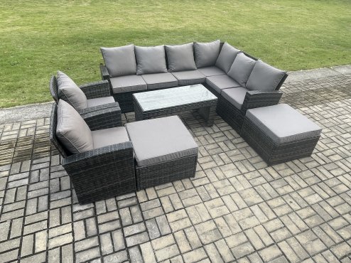 Fimous Rattan Corner Sofa Garden Furniture Set with 2 Big Footstool Rectangular Coffee Table 2 Armchairs with Cushion Dark Grey Mixed