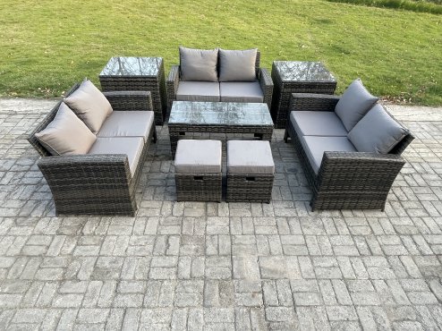 Fimous Outdoor U Shape Sofa Set Wicker PE Rattan Garden Furniture Set with Coffee Table Double Seat Sofa 2 Small Footstools 2 Side Tables Dark Grey Mixed
