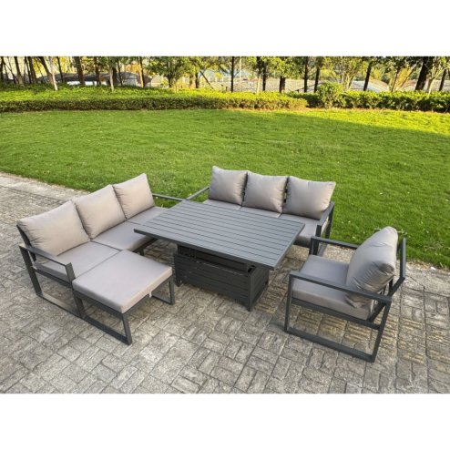 Fimous Aluminium Garden Furniture Sets,7 Seater Outdoor Sofa Dining Set with Adjustable Rising Lifting Dining Table 2 Side Tables Cushions for Yard,Poolside, Patio, Dark Grey