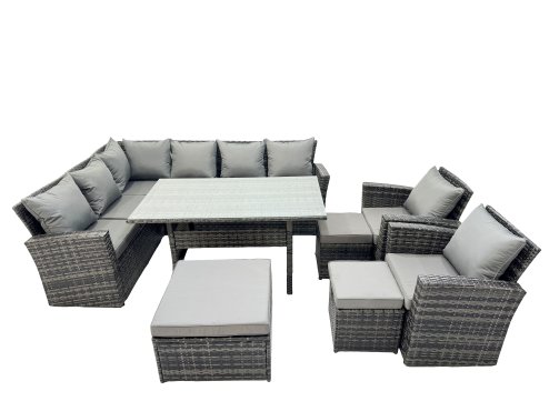 Fimous 11 Seat Rattan High Back Corner Sofa Set Patio Dining Table Set with 3 Stools 2 Chair Dark Grey Mixed