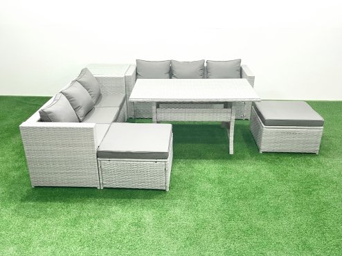 Fimous Rattan Garden Furniture Set 8 Seater Outdoor Sofa Set with Dining Table Side Table 2 Big Footstools Light Grey Mixed