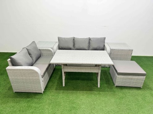 Fimous 6 Seater PE Rattan Wicker Garden Furniture Patio Conservatory Sofa Set with Rectangular Dining Table 3 Seater Sofa Love Sofa Big Footstool 2 Side Table