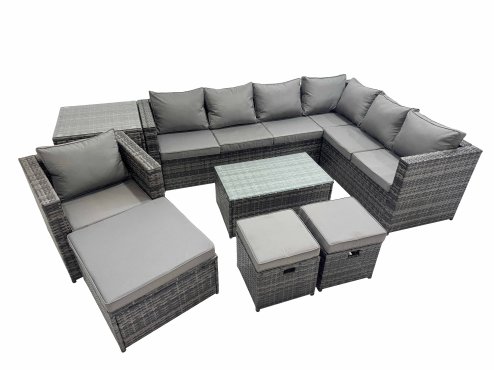 Fimous Patio Sofa Oblong Coffee Table Set Rattan Garden Furniture Set with 3 Stools Chair Side Table Dark Grey Mixed