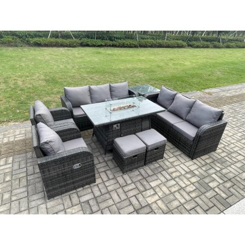 Fimous Wicker Rattan Garden Furniture Set Gas Fire Pit Dining Table Indoor Outdoor with Side Table Chair Loveseat Sofa 2 Footstools
