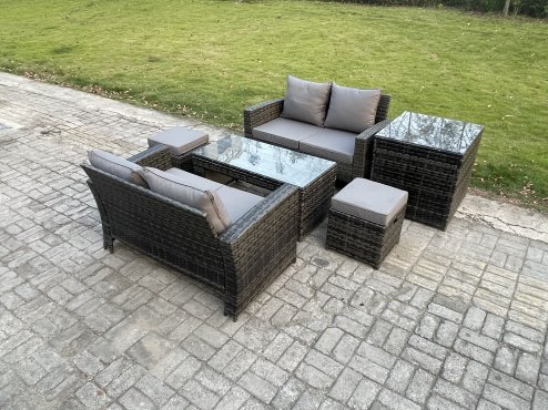 Fimous 6 Pieces Garden Furniture Sets Poly Rattan Outdoor Patio Furniture PE Wicker Furniture Set with Side Table 2 Small Footstool Loveseat and Table for Garden Backyard Dark Grey Mixed