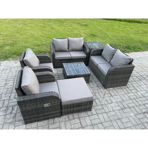 Fimous 7 Seater Rattan Sofa Set Outdoor Garden Furniture Set with Square Coffee Table Loveseat Sofa Reclining Chairs Side Table Big Footstool Dark Grey Mixed