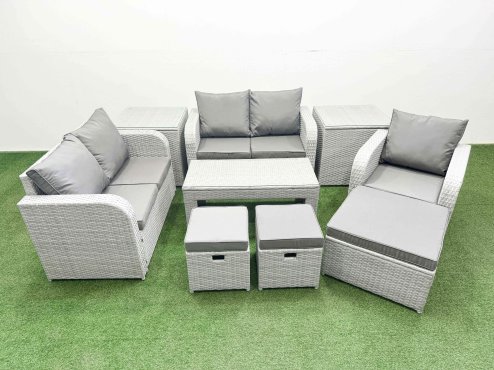 Fimous High Back Poly Rattan Garden Furniture Set with Reclining Chair Loveseat Sofa Oblong Coffee Table Indoor Outdoor Patio Set 3 Stools 2 Side Table Light Grey Image