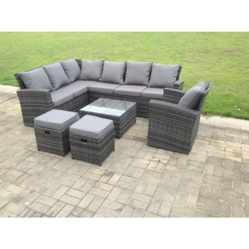 Fimous 9 Seater High Back Rattan Garden Furniture Set Corner Sofa With Square Coffee Table Footstool With Chair