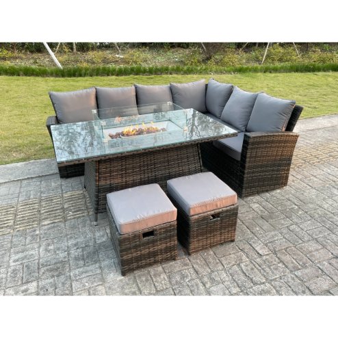Fimous High Back Rattan Garden Furniture Sets Gas Fire Pit Dining Table Set Gas Heater Right Corner Sofa Small Footstools 8 Seater