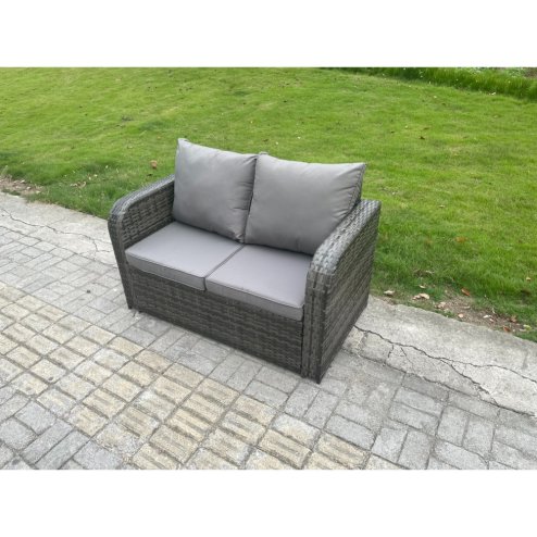 Fimous Outdoor Garden Patio Furniture Wicker Rattan Oblong Rectangular Dining Table and Lounge Sofa set with Side Table 2 Small Footstools Dark Grey Mixed