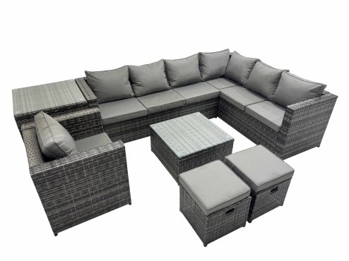 Fimous Outdoor PE Rattan Garden Furniture Sofa Set with Square Coffee Table Chair Side Table 2 Small Stools Dark Grey