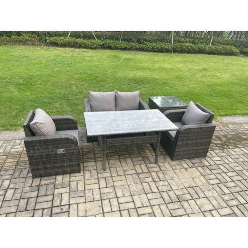 Fimous Outdoor Rattan Garden Furniture Lounge Sofa Set With Oblong Rectangular Dining Table 2 PC Reclining Chair Side Table