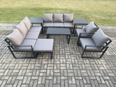 Fimous Aluminium Outdoor Garden Furniture Set 9 Seater Garden Sofa with Oblong Coffee Table Big Footstool 2 Side Tables Dark Grey
