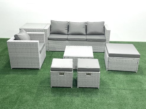 Fimous Garden Outdoor Furniture Set 7 Seater Rattan Sofa Set with 3 Footstools Armchair Side Table Light Grey Mixed