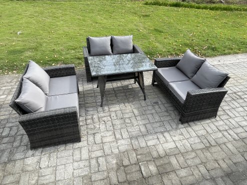 Fimous 6 Seater Rattan Wicker Garden Furniture Patio Conservatory Sofa Set with Rectangular Dining Table Love Seat Sofa