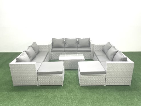 Fimous Rattan Garden Outdoor Furniture Set 11 Seater Garden Sofa Coffee Table Set with 2 Big Footstools Light Grey Mixed