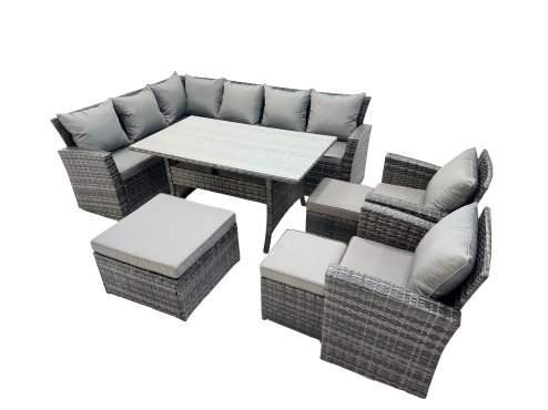 Fimous 11 Seat Rattan High Back Corner Sofa Set Patio Dining Table Set with 3 Stools 2 Chair Dark Grey Mixed