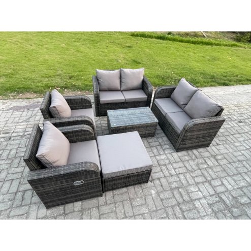 Fimous Rattan Garden Furniture Set Patio Outdoor Lounge Sofa Set with 2 Reclining Chairs Rectangular Coffee Table Big Footstool Dark Grey Mixed