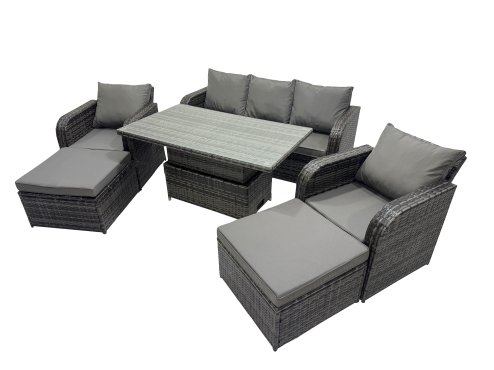 Fimous Rattan Garden Furniture Dining Set 6-seater Patio Height Adjustable Rising Lifting Table Sofa Set with 2 Big Footstools Dark Grey Mixed