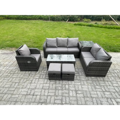 Fimous 8 Seater High Back Rattan Garden Furniture Set with Loveseat Sofa Rectangular Coffee Table Side Table Indoor Outdoor Patio Lounge Sofa Set Dark Grey Mixed