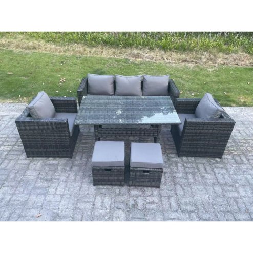 Fimous 7 Seater PE Wicker Rattan Garden Furniture Set Lounge Sofa Chair and Rectangular Dining Table Set 2 Small Footstools Dark Grey Mixed