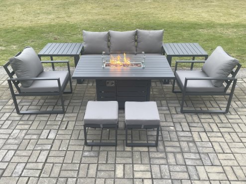 Fimous Aluminium Patio Outdoor Garden Furniture Lounge Sofa Set Gas Fire Pit Dining Table with 2 Side Tables 2 Small Footstools Dark Grey