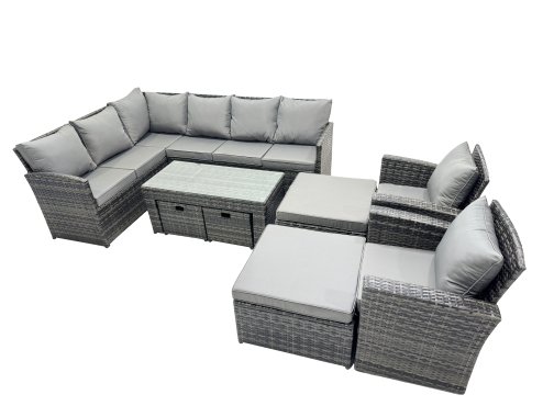 Fimous 12 Seat Poly Rattan Outdoor Patio Oblong Coffee Table Corner Sofa Set with 4 Stools Chair for Garden Backyard Dark Grey Mixed