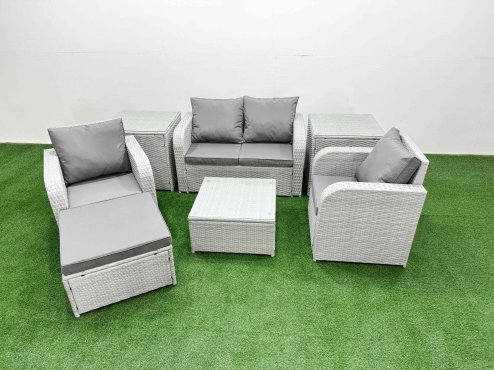 Fimous Light Grey PE Wicker Rattan Garden Furniture Set Sofa Set Reclining Adjustable Chair Square Coffee Table 5 Seater With Footstool 2 Side Table Image