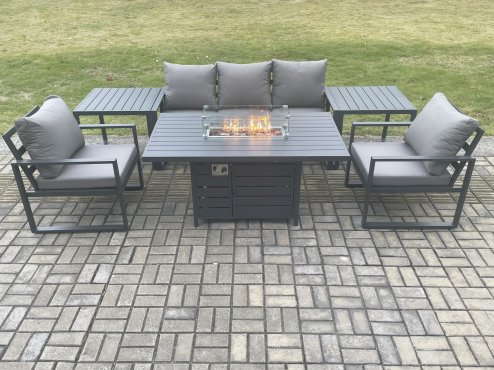 Fimous Aluminium Outdoor Garden Furniture Set Gas Fire Pit Dining Table Set Gas Heater Burner with 2 Arm Chair 2 Side Tables Dark Grey 5 Seater