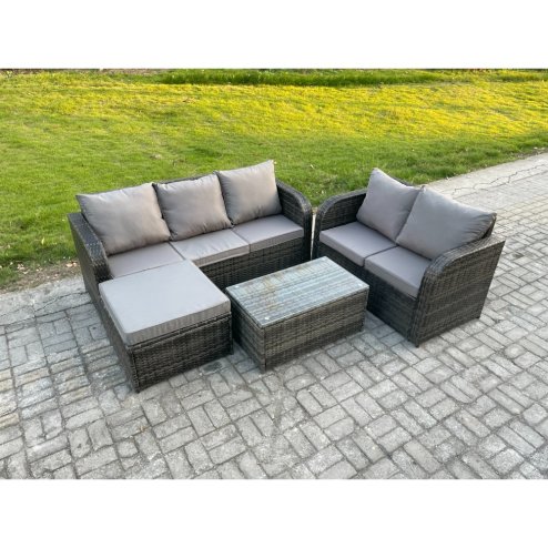 Fimous 6 Seater Rattan Wicker Garden Furniture Patio Conservatory Sofa Set with Rectangular Coffee Table 3 Seater Sofa Love Sofa Big Footstool