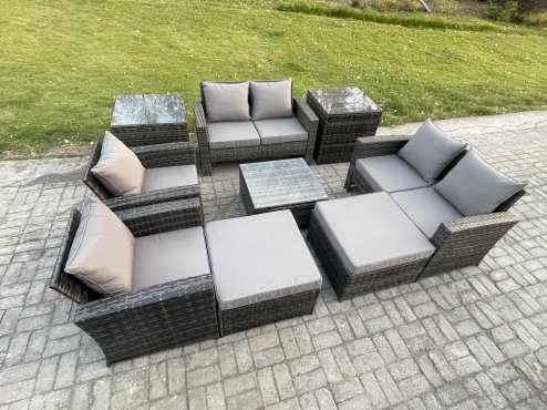 Fimous Outdoor Garden Furniture Sets 9 Pieces Wicker Rattan Furniture Manual Wicker Patio Sofa Patio Conversation Set with 2 Big Footstool 2 Side Tables Dark Grey Mixed