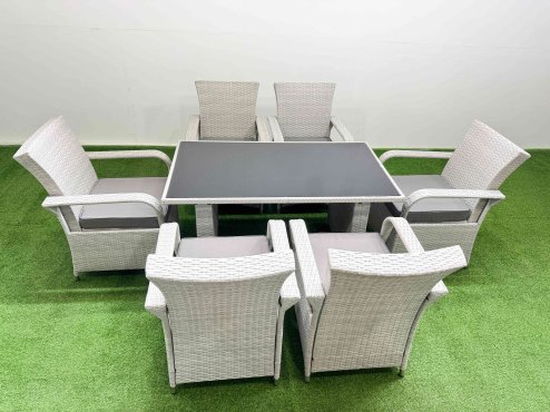 Fimous Wicker PE Rattan Garden Furniture Set Patio Outdoor 6 Chairs Plus Rectangular Dining Table Set Light Grey Mixed