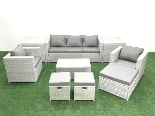 Fimous Rattan Garden Outdoor Furniture Sofa Set with Rectangular Coffee Table 2 Chairs 3 Footstools 2 Side Tables Light Grey Mixed