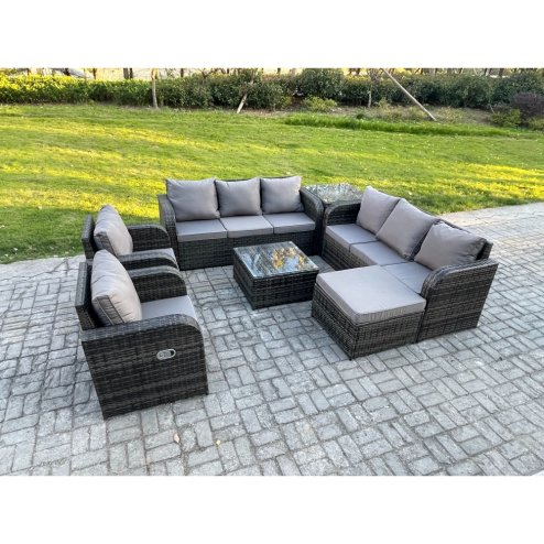 Fimous High Back Rattan Garden Furniture Set with Square Coffee Table Big Footstool Side Table Indoor Outdoor Patio Lounge Sofa Set Dark Grey Mixed