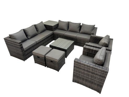 Fimous Garden Rattan Outdoor Furniture Set 10 Seater Patio Corner Sofa Coffee Table with 2 Small Stool Side Table Dark Grey