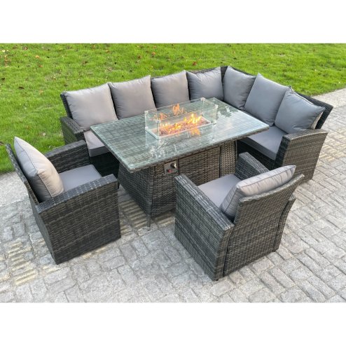 Fimous High Back Rattan Corne r Sofa Set Garden Furniture Sofa Gas Fire Pit Dining Table Gas Heater With 2 Arm Chair 8 Seater